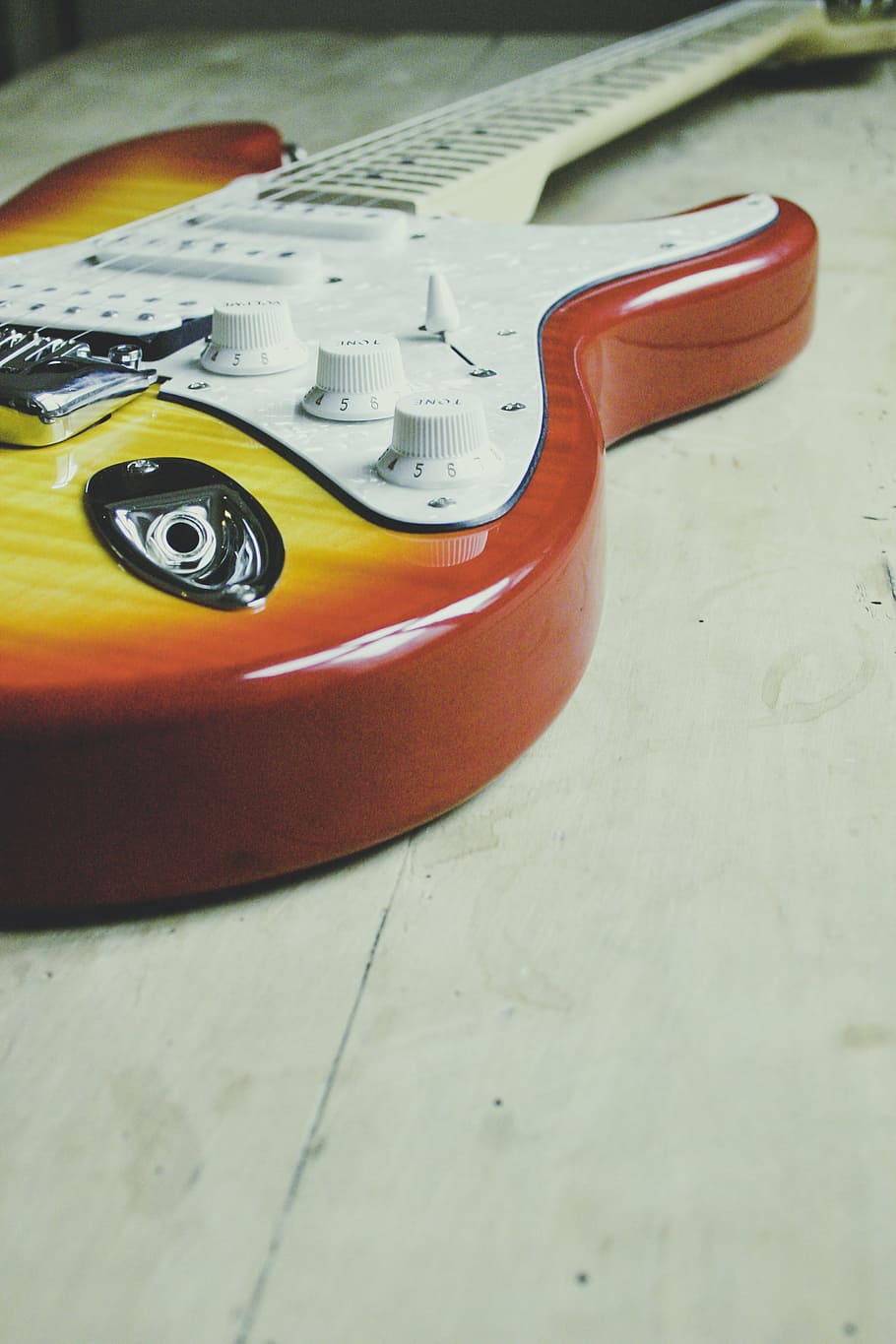 red, yellow, electric, guitar, white, surface, strings, musical, instrument, glossy