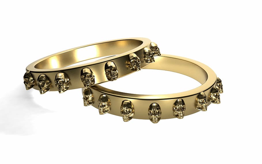 pair, gold-colored ring, closeup, photography, rings, gold, skull and crossbones, golden ring, finger ring, shiny
