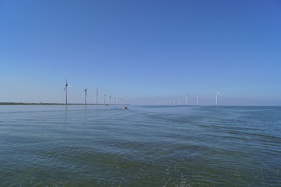 moinhos de vento, ijsselmeer, água, verão, sol, águas, mar, céu, paisagem, oceano