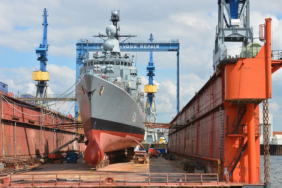 gray boat, shipyard, shipbuilding, repair, bundeswehr, hamburg, blohm and voss, frigate, renewal, cranes