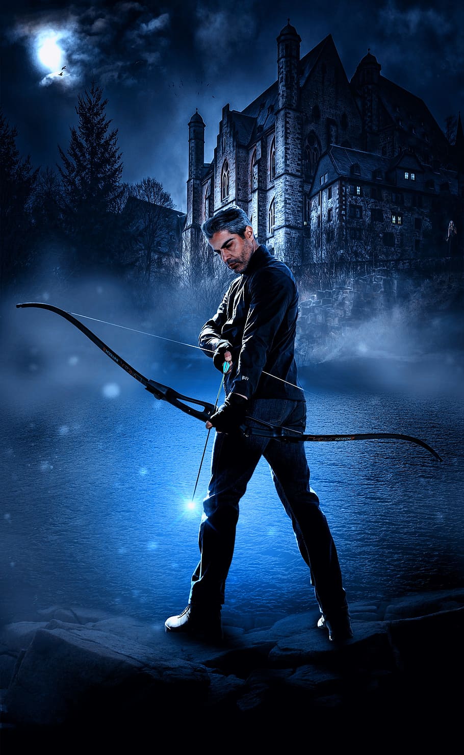 person, holding, composite, bow, composite bow, arrow, man, hunt, moon, weapon