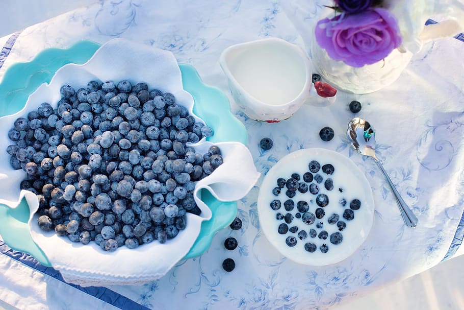 blueberry fruit lot, blueberries, cream, dessert, breakfast, blueberry, food, berry, fruit, delicious