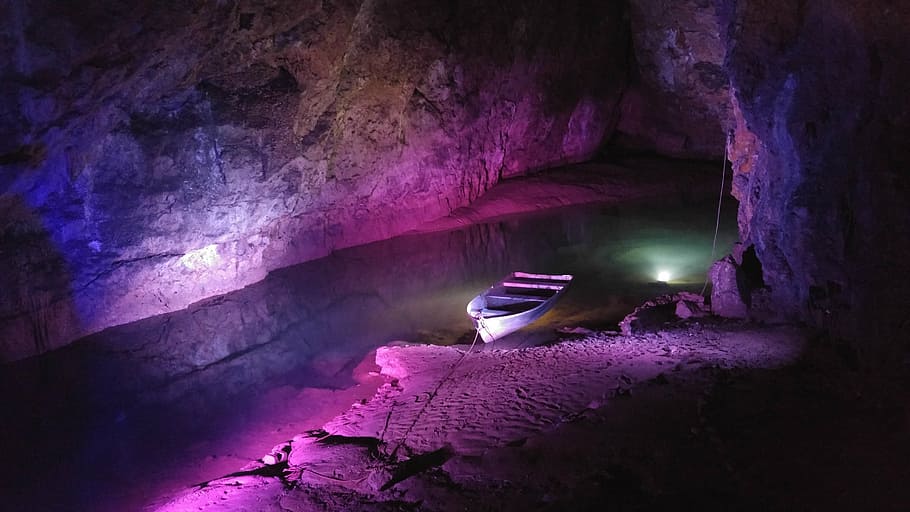 boat, shore, inside, cave, river, underground, dark, vessel, nature, stalactite