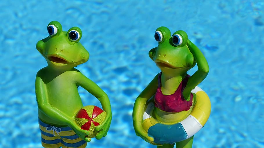 two, green, frog, body, water figurines, summer, water, decorative items, holiday, animal