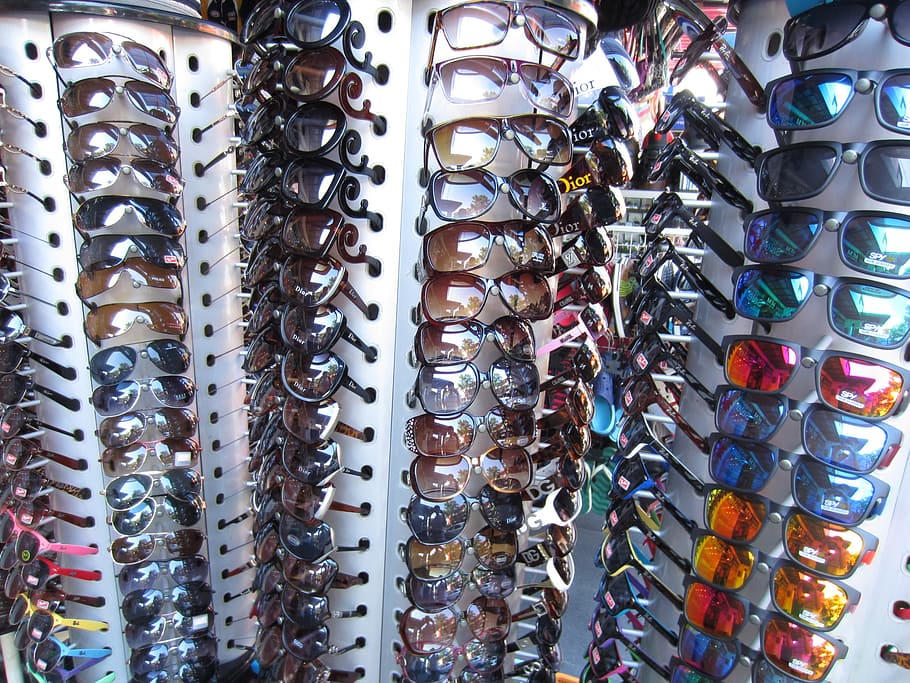 sortido, lote de óculos de sol, fotografia de close-up, óculos de sol, óculos, máscaras, loja, compras, moda, venda