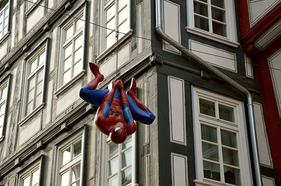 red, blue, spider-man, hanging, decor, street, daytime, spiderman, cartoon character, truss