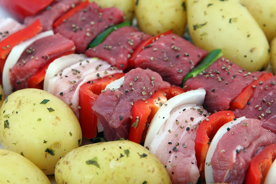 peeled, potatoes, raw, kebab, barbeque, bbq, beef, cholesterol, close up, colorful