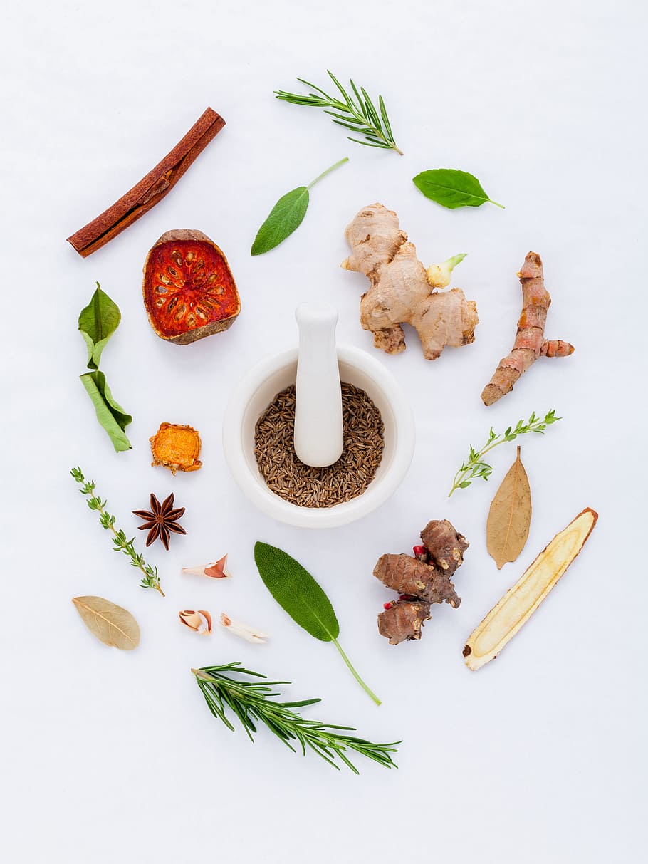 white, ceramic, mortar, pestle, variety, spices, mortar and pestle, doctor, basil, natural