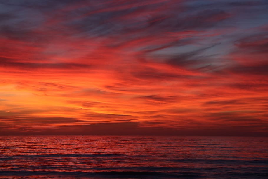 rojo, cielo, puesta de sol, océano, cielo rojo, naturaleza, playa, costa, paisaje, natural