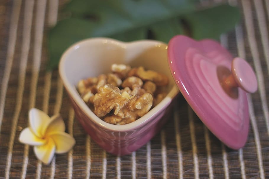 selective, focus photography, nuts, heart-shape, pink, ceramic, container, selective focus, photography, food