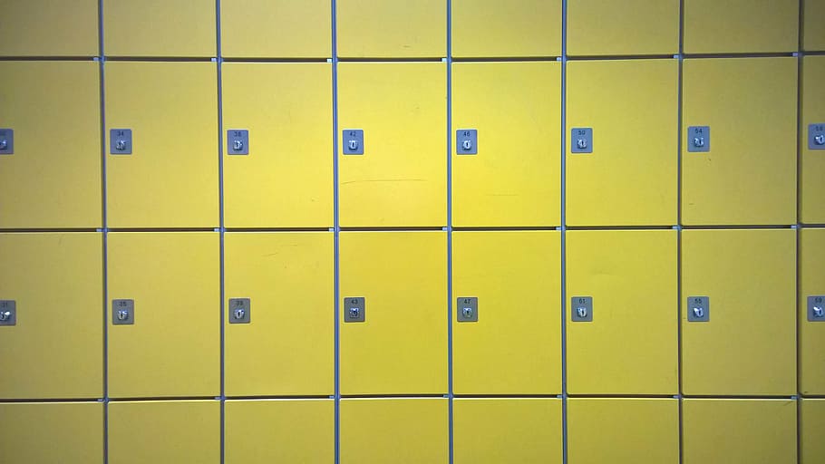 lockers, numbers, pay, castles, doors, yellow, full frame, in a row, indoors, repetition