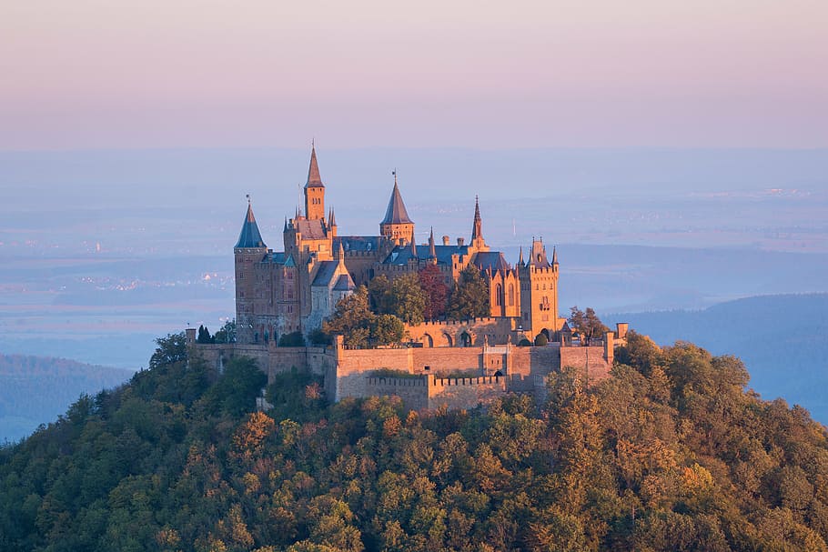 gray, blue, concrete, castle, hohenzollern, sunrise, fortress, morgenstimmung, hohenzollern castle, germany