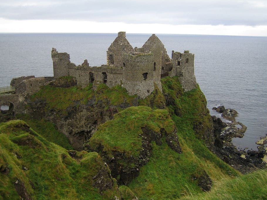 Dunluce Castle, Ireland, castle, island, mountain, day, architecture, water, built structure, sky
