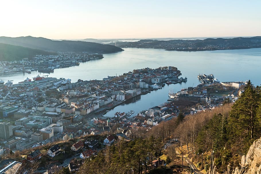 Bergen, Elevado, Vista, noway, Vista elevada, arquitectura, al aire libre, paisaje urbano, puerto, urbano