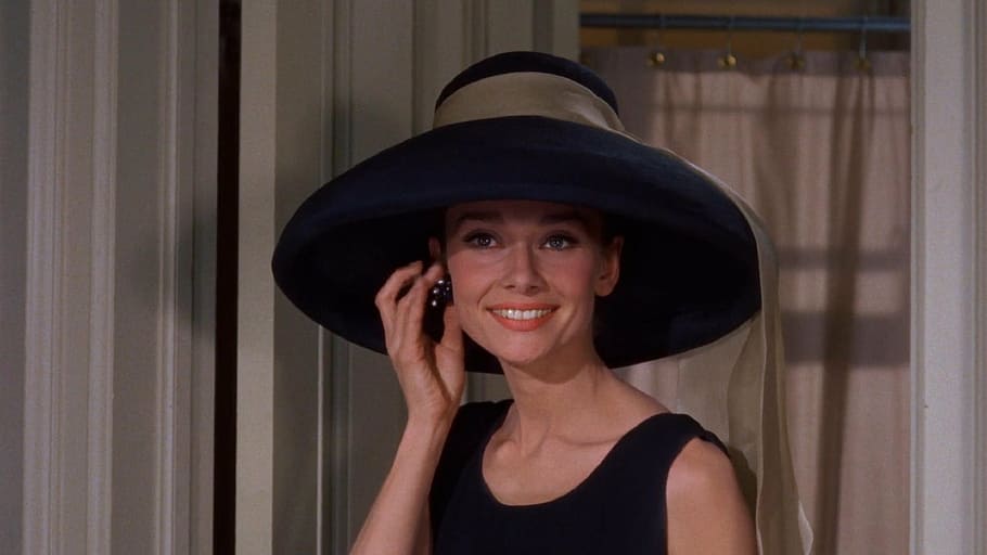 smiling, woman, answering, phone, audrey hepburn, actress, vintage, movies, motion pictures, silver screen
