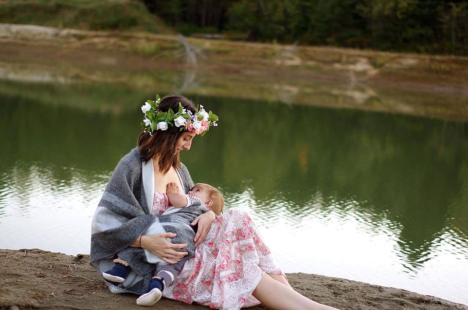 woman, wearing, white, pink, floral, top, carrying, baby, Breastfeeding, Nature, Girl