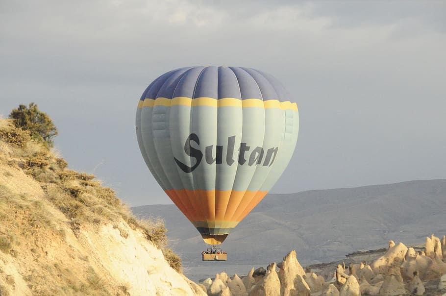 gray, orange, blue, hot, air balloon, daytime, orange and blue, Sultan, mountains, balloon