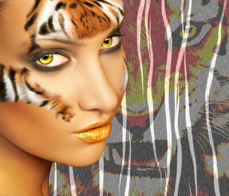 woman face, painted, tiger, woman, fur, predator, cat, animal, wildlife, eye
