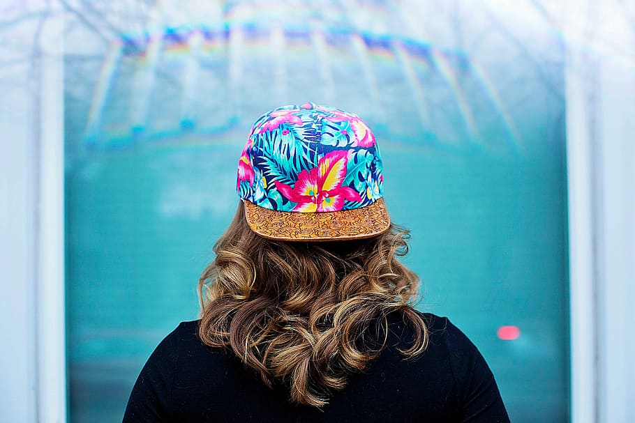 woman, wearing, floral, cap, facing, back, people, one Person, women, females