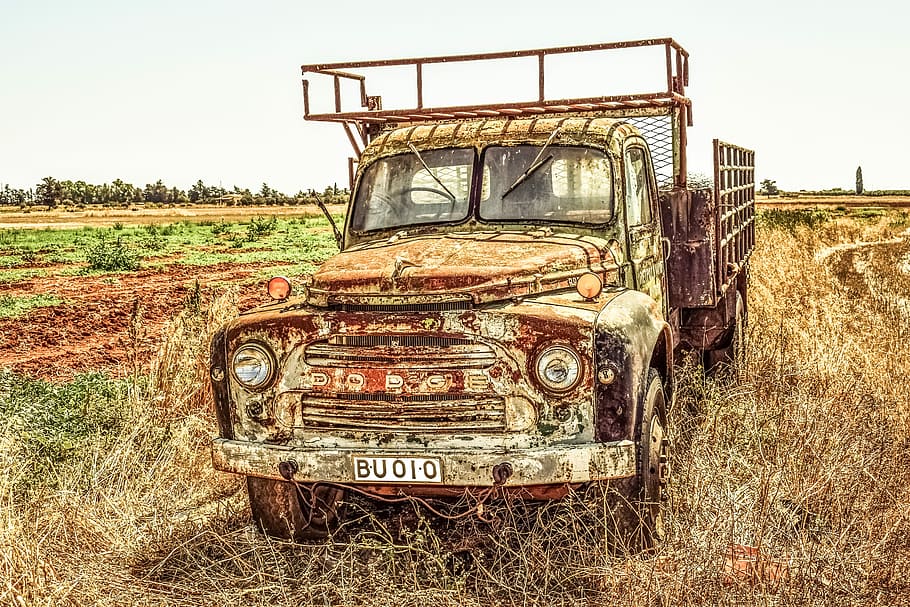 Primer plano, foto, oxidado, parque de camionetas, marrón, campo de hierba, viejo, camión, coche, campo
