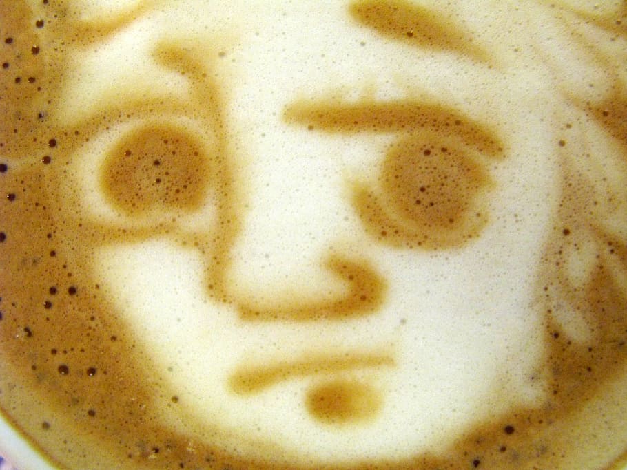 coffee, latte, face, cream, sad, cappuccino, cup of coffee, milk, design, refreshment