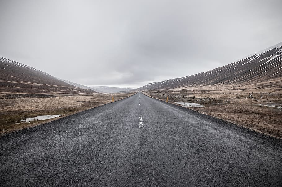 grey, sky, road, cold, mountains, fields, puddle, damp, the way forward, transportation