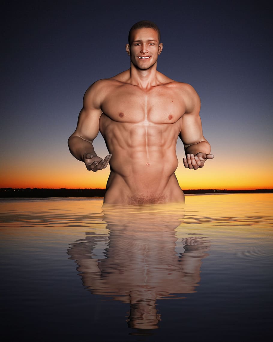 half naked man, water reflection, muscular, sunset, standing, reflection, m...