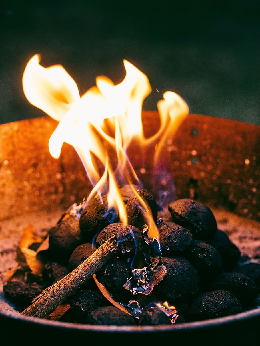closeup, photography, burning, charcoals, fire, flames, camping, barbecue, bbq, coals