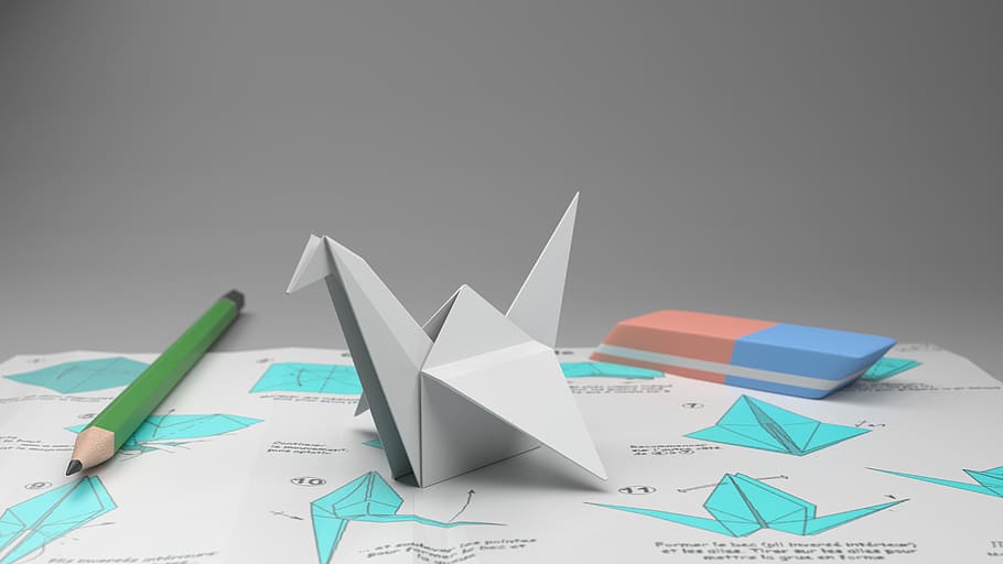 origami, pencil, eraser, crane, pencil to paper, rubber, paper, folding, grey, blender