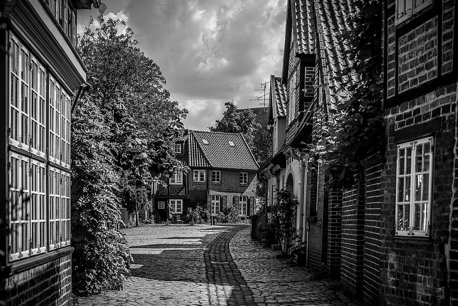 grayscale photography, empty, pathway, houses, city, lüneburg, old town, truss, historically, romantic