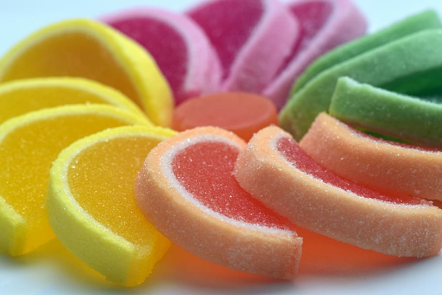 close-up photo, jelly candies, sugar, sweet, jelly fruit, colorful, nibble, treat, candy, fruity