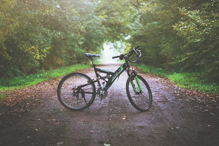 black, full-suspension hardtail mountain bicycle, mountain bike, dirt road, wet, adventure, outdoors, country, mountain biking, transportation