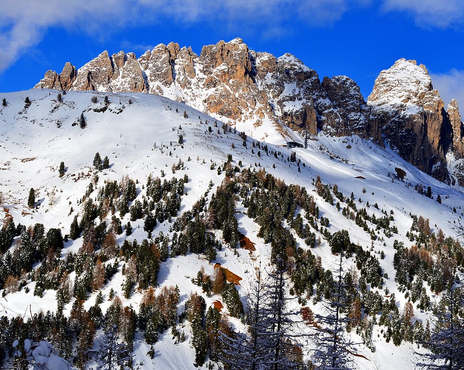 雪をかぶった山, 山, 高山, 自然, ドロミテ, 気分, 山頂, 空, 南チロル, イタリア
