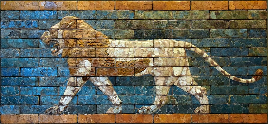beige, brown, lion brick art, mesopotamian, lion, babylon, tile, history, antiquity, archeology