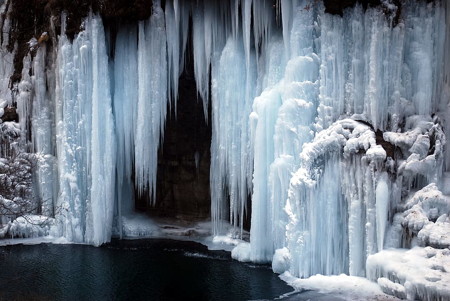 white snow cave, ice cave, ice, iced, waterfall, frozen, cold, zing, nature, cold temperature