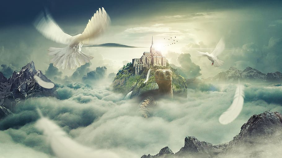 two, white, dove, temple wallpaper, fantasy, tortoise, pigeon, cloud, sky, mountain