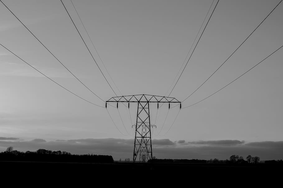 grayscale photo, power lines, electricity, pole, pylon, wires, cable, line, voltage, energy
