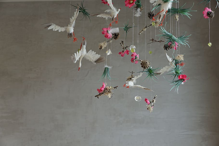 white, storks wind chime, green, pink, birds, ornament, mobile, baby, stork, child