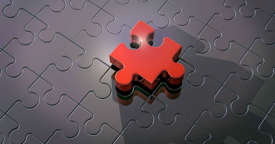 peça de quebra-cabeça vermelha, quebra-cabeça, peças do quebra-cabeça, conexão, quebra-cabeças, cartões de memória cobertos com, juntos, conectados, montando, modelo 3d