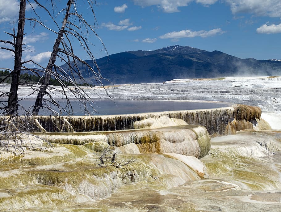 mammoth hot springs, travertine, yellowstone national park, calcium carbonate, landscape, colorful, scenic, steam, geothermal, limestone