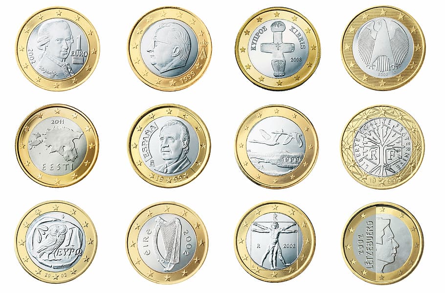 lote de moedas em prata e ouro, euro, 1, moeda, europa, dinheiro, riqueza, negócios, finanças, lucro
