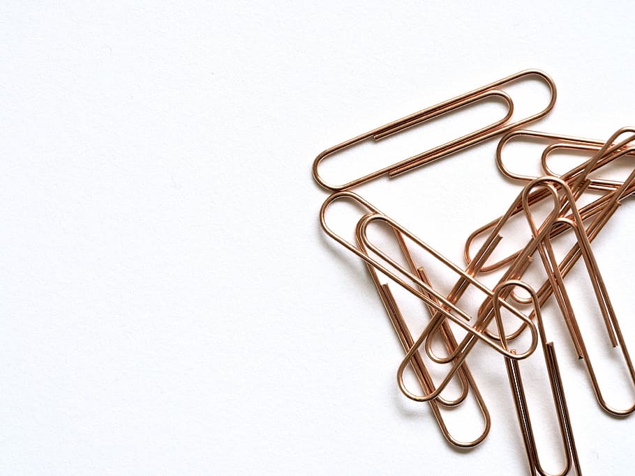 gold paper clips, composition, pencil, paper, education, business, office, creativity, writing, school