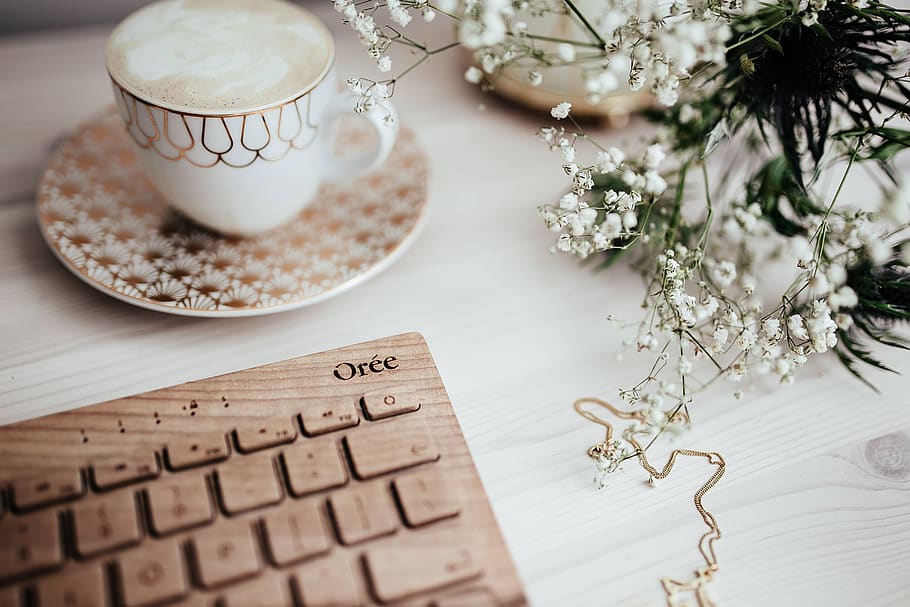 keyboard, technology, coffee, desk, cup, oree, cappucino, hipster, caffee, Wooden