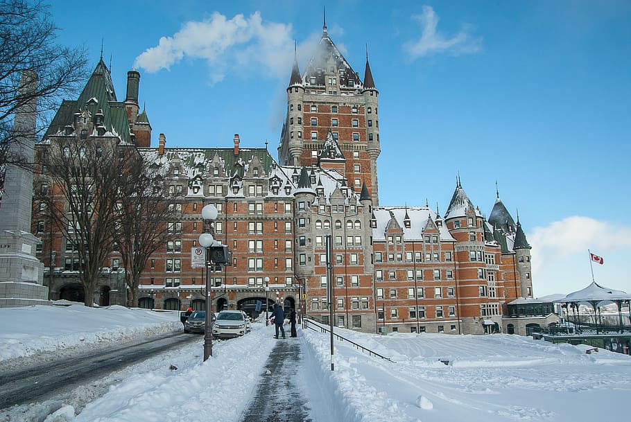 snow, covered, castle, daytime, québec, château frontenac, winter, kiosk, hotel, architecture