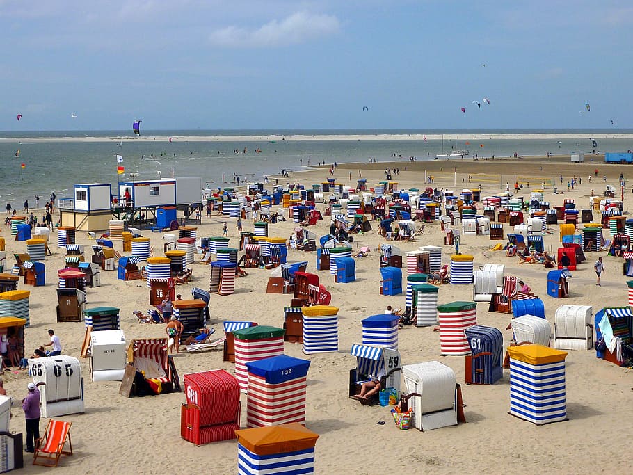 beach, borkum, clubs, beach tents, summer, island, north sea, blue, holiday, blue sky
