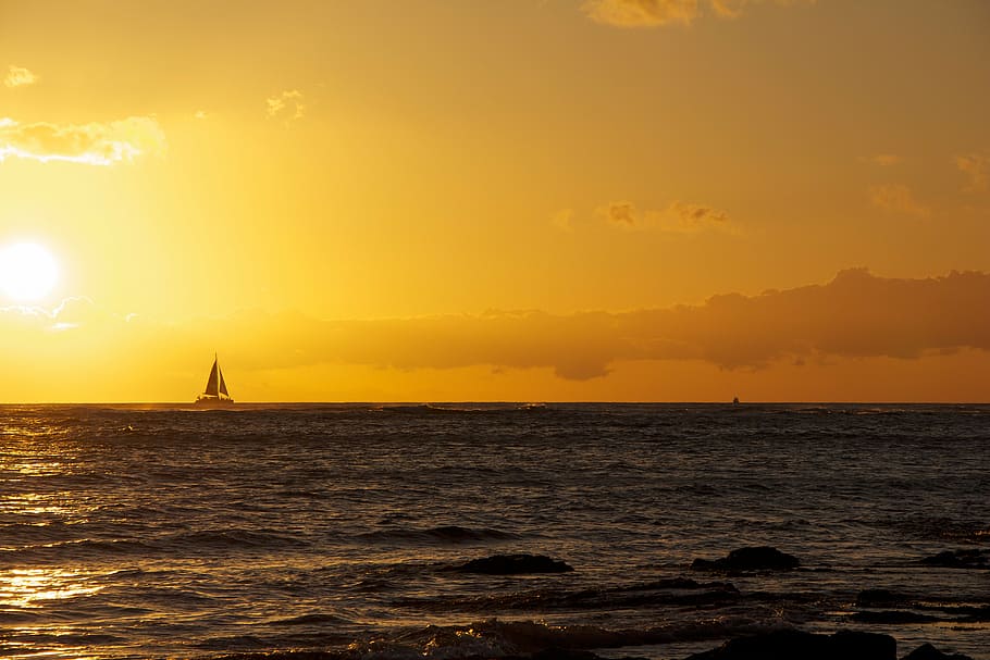 silhouette, boat, body, water, golden, hour background, hawaii, sunset, sailboat, yellow