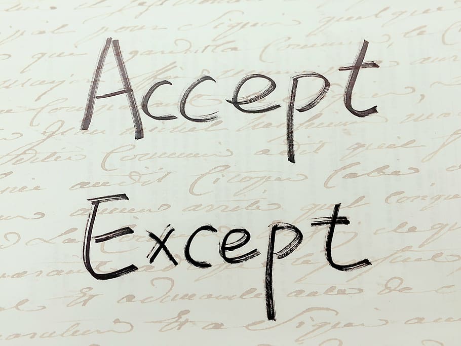 accept, except, handwriting, paronymous, similar, words, text, western script, communication, indoors