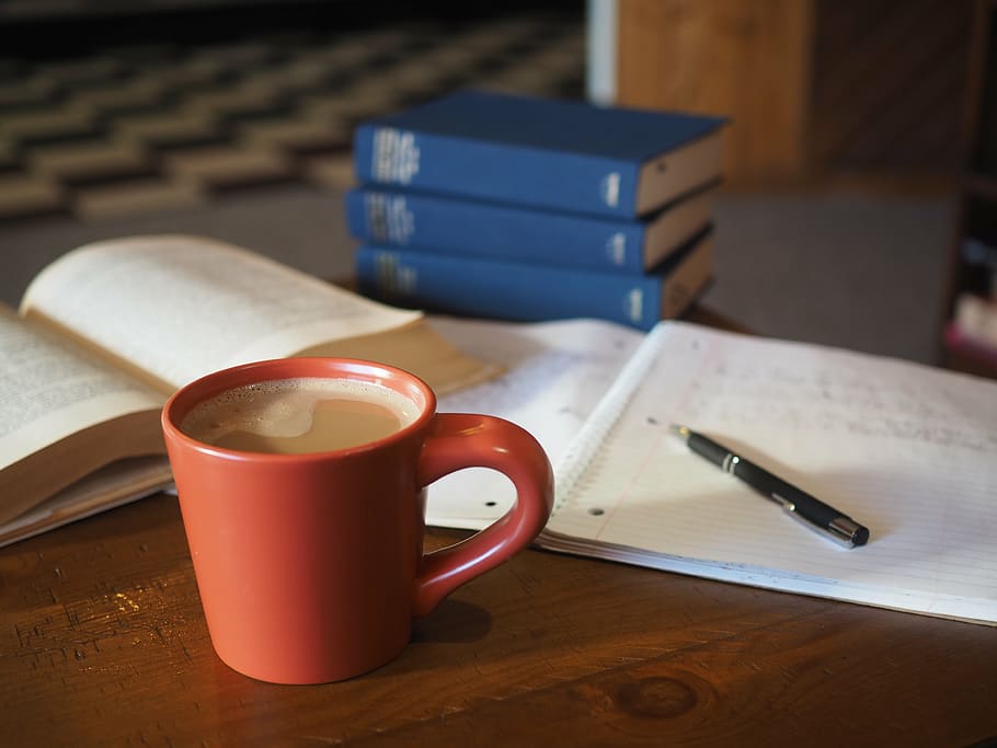 cup, coffee, click pen, notebook, table, school, homework, coffee shop, education, student