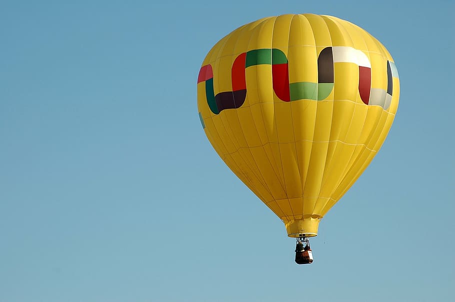 pessoas, montando, amarelo, quente, balão de ar, balão de ar quente, voo, ar, balão, céu