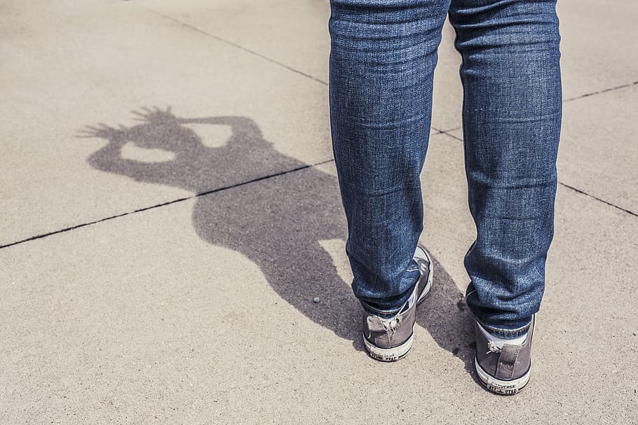 person, shadow, wearing, blue, jeans, pair, gray, sneakers, blue jeans, people